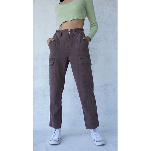 Pacsun Brownie Utility Cargo Pants High Rise Straight Leg Rigid Denim Brown L - Picture 1 of 8